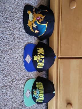 Set Of 3 Pokemon Snapback Hats - Pikachu, Squirtle, Charizard